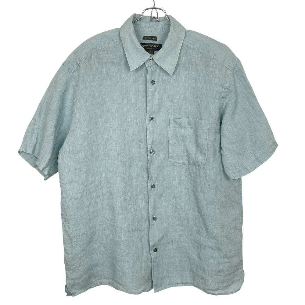 Banana Republic Ice Blue Irish Linen Button Up Shirt Mens L Short Sleeve Coastal